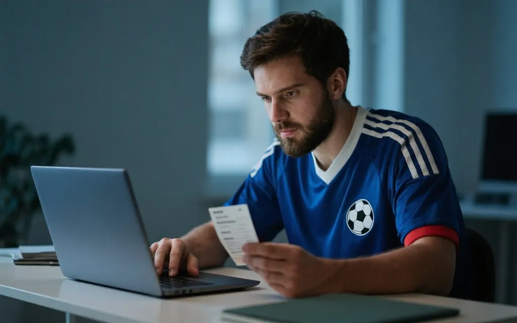 球迷在电脑前谨慎核对购票信息的场景，冷静、真实的纪实风