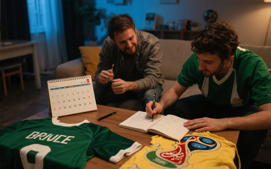 世界杯开幕倒计时与球迷在客厅规划行程的画面