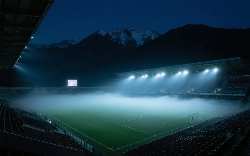 高海拔体育场夜景与球场灯光，稀薄空气氛围，电影感